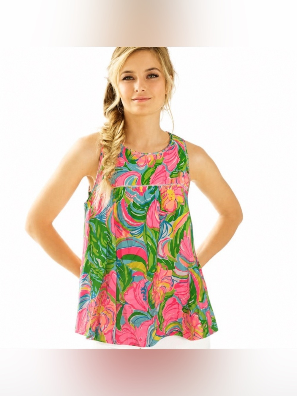 Lilly Pulitzer So A Peeling Flutter Pink Green Floral Sleeveless Blouse Size M